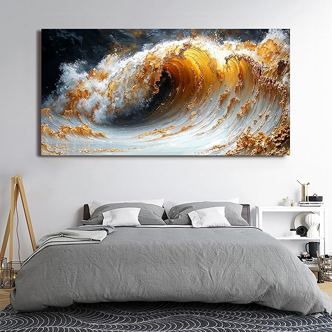 Canvas Wall Art Decor Large Wall Art for Living Room Large Artwork for Walls Gold Wave Wall Art Pictures Art Work for Wall Decor Modern Abstract Wall Art Prints Bedroom Office Decor 29" X 58"