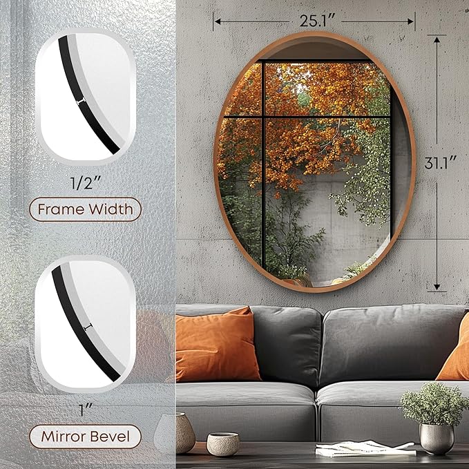 OVALCREST - Oval Wooden Beveled Wall Mirror for Home Decor, Bathroom, Vanity, Bedroom, Living Room, Hallway - London Style (Gold Spray) 31.1 x 25.1