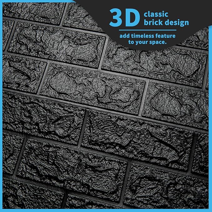 Art3d 11-Pack 64 Sq. Ft Peel and Stick 3D Wall Panels for Interior Wall Decor, Self-Adhesive Foam Brick Wallpaper in Black