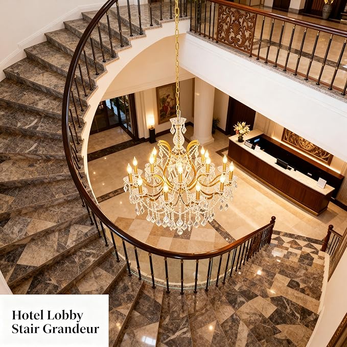 Antique Gold Crystal Chandeliers, Polished Golden Bronze Farmhouse Chandeliers 18-Light Crystal Candle Chandelier Ceiling Hanging Light Fixture Entrance Foyer Kitchen