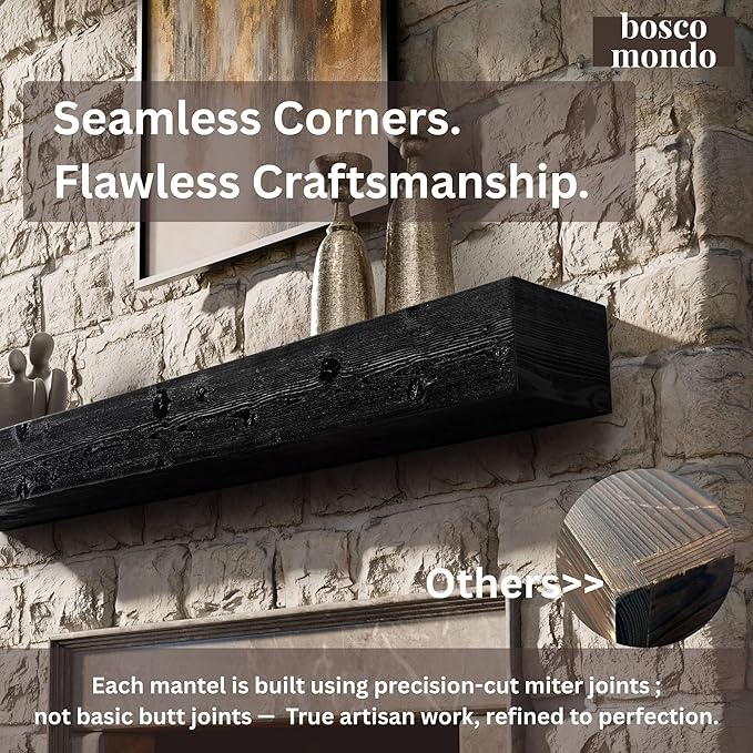 BoscoMondo Fireplace Mantel, Wall-Mounted 72 inch Floating Shelf for Wall, Tv Shelf, Rustic Shelf - 8x6x72 Intense Black