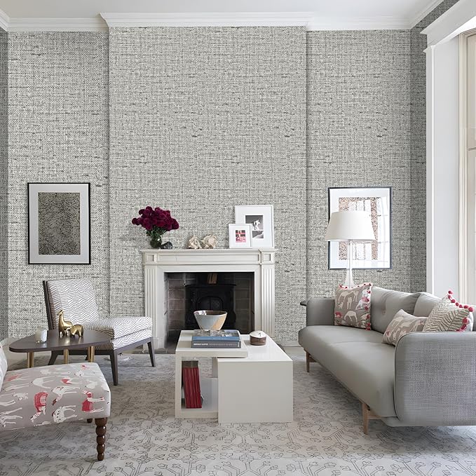 15.75"x787.4" Gray Grasscloth Wallpaper Peel and Stick Removable Textured Wall Paper Self Adhesive Contact Paper Faux Linen Cabinets Drawers Bookshelves Thickened Waterproof Shelf Vinyl Roll