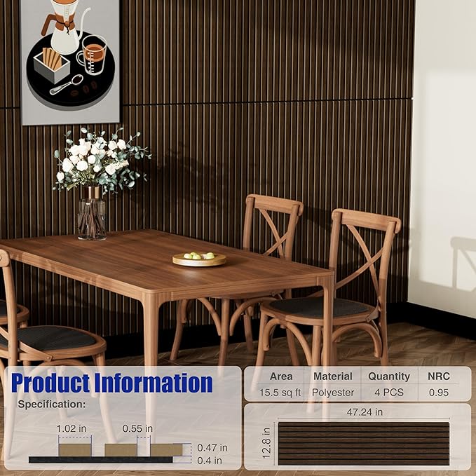 4PCS Acoustic Wood Slat Wall Panels, 47.2" x 12.8" Soundproof Panels for Walls, Sound Absorbing Panels for Interior Decor and Room Acoustic Treatment