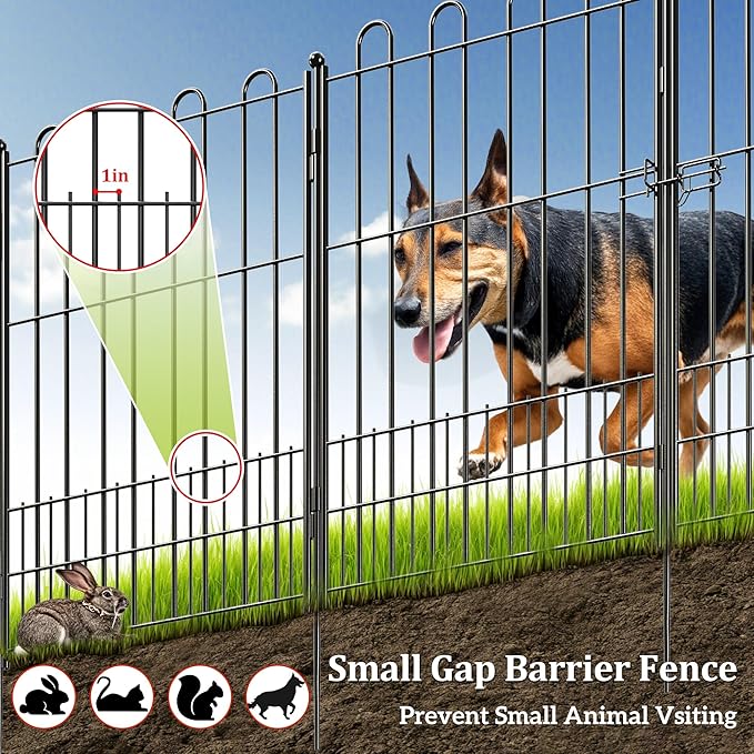 Bepatio Tall Garden Fence Animal Barrier with Gate, 39.5in (H) x 11.5ft (L) 5 Panels Decorative Dog Fence Outdoor for Yard, Heavy Duty Metal Fence Border, Flower Bed, Easy Setup, Black