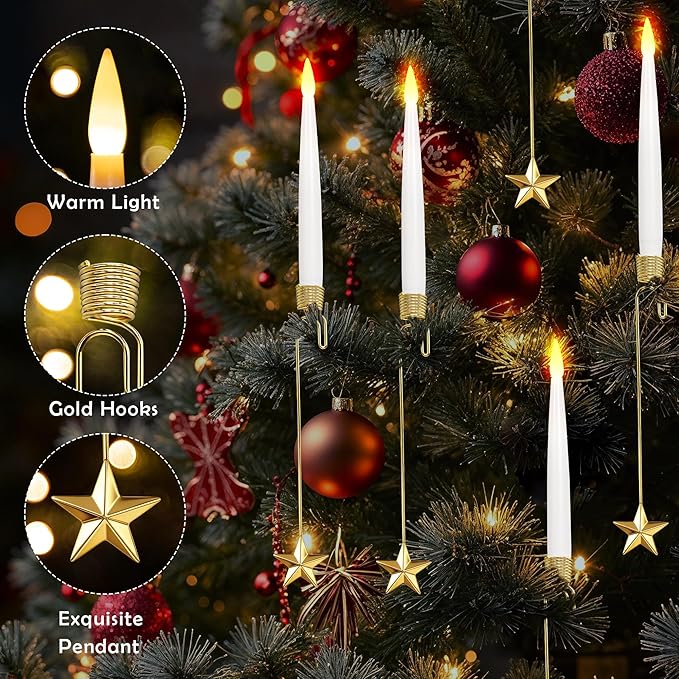 Christmas Tree Candles, 10 Pack Flameless Taper Candles for Christmas Tree Decor, Fake LED Candle Battery Operated with Remote for Xmas Wedding Home Gift with Gold Star Hook