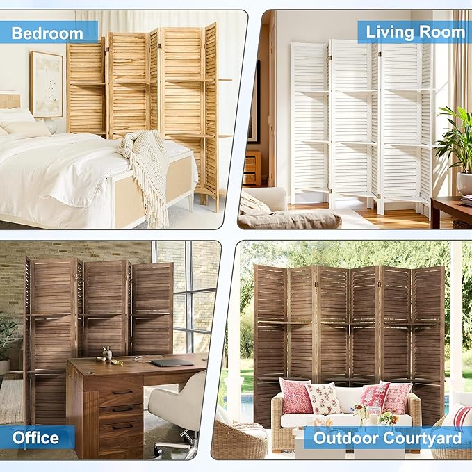 2 PCS Room Dividers 5.6FT Louvered Design 6 Panel Room Dividers with Display Shelves Folding Privacy Screens Portable Freestanding Partition Wall Dividers for Bedroom, Dark Brown