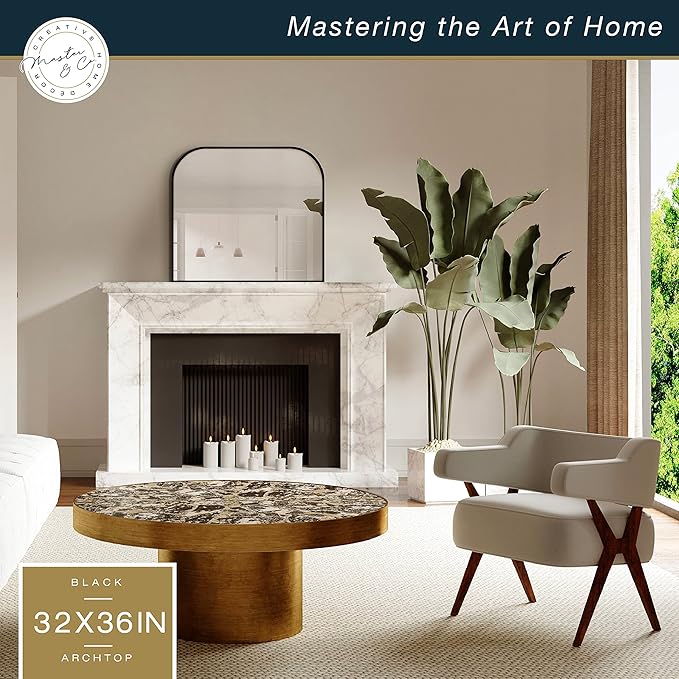 MCS Master & Co. Modern Metal Large Wall Mirror, Minimalist Home Decor Mantle Arch Mirror for Living Room, Bedroom, or Bathroom, 36 by 32 Inch, Black