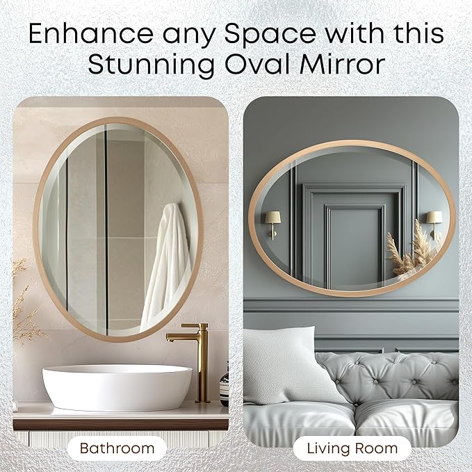 OVALCREST - Oval Wooden Beveled Wall Mirror for Home Decor, Bathroom, Vanity, Bedroom, Living Room, Hallway - London Style (Gold Spray) 37.1 x 25.1