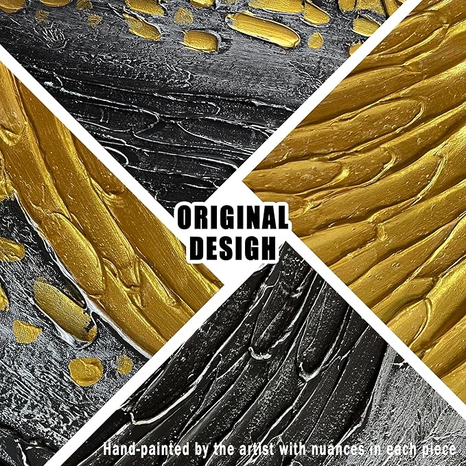 Abstract 3D Hand Painted Wall Art for Office Black and Gold Canvas Wall Art for Bedroom Modern Wall Decor for Living Room Size 24 x 47 Inch