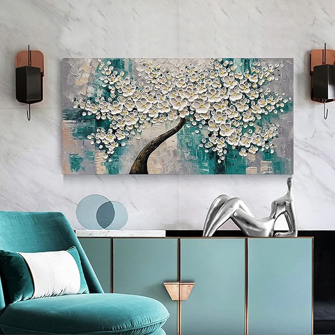 3D Abstract Art Oil Painting White Flower Tree Painting Textured Palette Knife White Flower Painting Modern Canvas Wall Art Home Decoration Home Painting (24x48 inches)