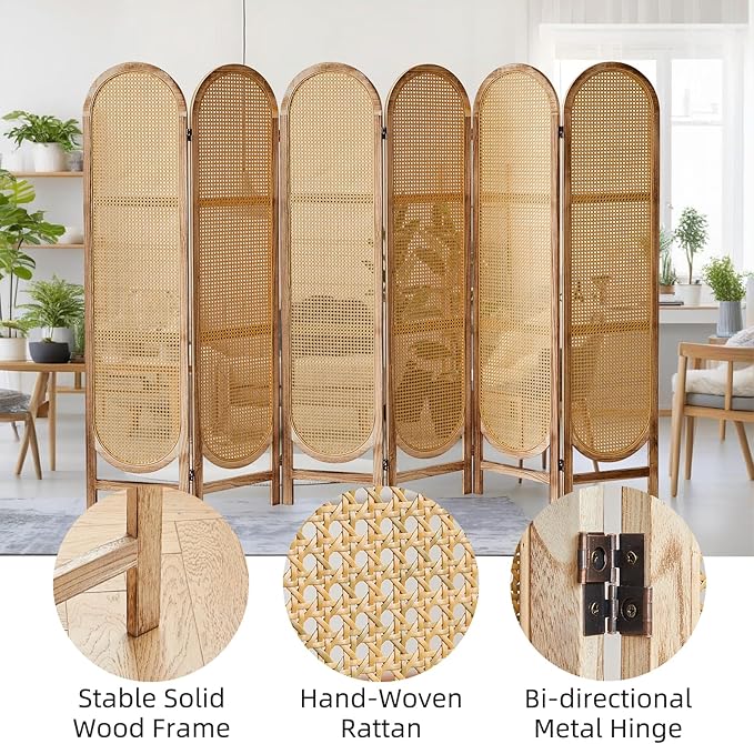 6 Panels Room Divider, Foldable Wooden Room Divider, Individual Privacy Screen Made of Hand-Woven Rattan, Portable Wall Divider for Home Office Bedroom Bathroom Dressing Room (Natural)