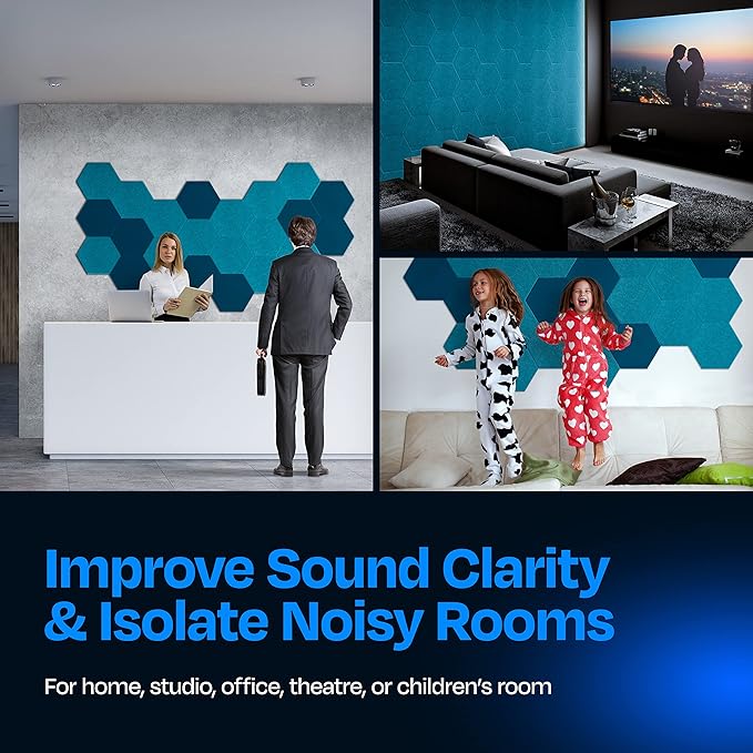 Acoustic Panels 12-Pack - 14"X12.1"X0.4" Soundproof Wall Panels - High Density Sound Dampening - Light Turquoise Hexagon