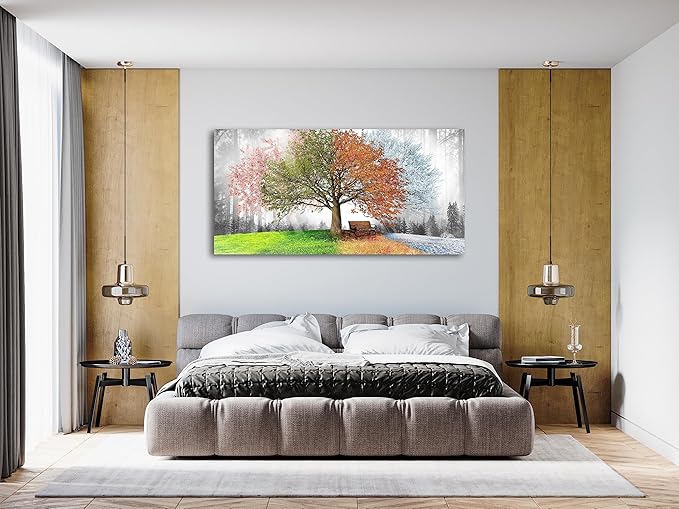 Jiuqinghua Canvas Prints Wall Art Decor Large Four Seasons Tree Picture 1 Panel Spring Summer Autumn Winter Tree Painting Artwork for Dining Room Kitchen Home Decor Stretched and Framed Ready to Hang