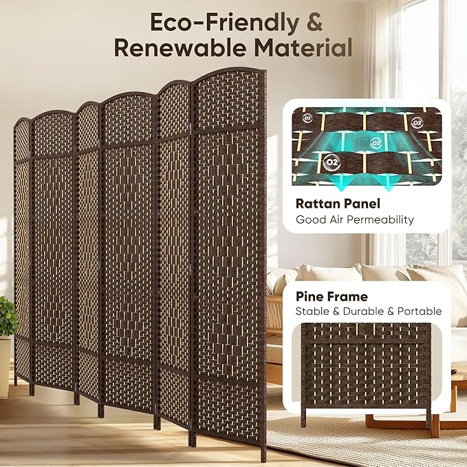 JOSTYLE Room Divider 6ft. Tall Extra Wide Privacy Screen, Folding Privacy Screens with Diamond Double-Weave Room dividers and Freestanding Room Dividers Privacy Screens(Brown, 6-Panel)