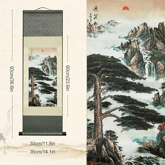 AtfArt Asian Wall Decor - Beautiful Silk Scroll Painting Pine Greeting Guests (Guest-Greeting Pine) Oriental Decor Chinese Art Wall Scroll (36.2 x 12 in)