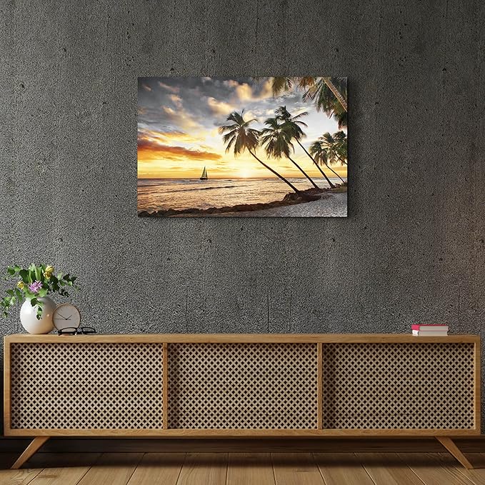 Beach Canvas Wall Art Decor: Bathroom Bedroom Ocean Coastal Scene Print Tropical Seascape Picture Sea Palm Tree Sailboat Artwork Seaside Seashore Landscape Painting for Home Office 36 x 24 Inch