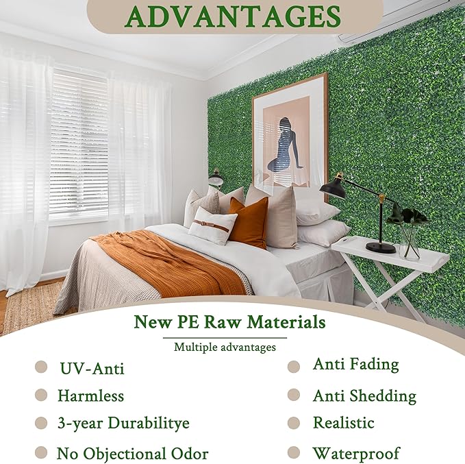 Artificial Boxwood Grass Wall Backdrop: 24 X 16 in 24P (64 sqft) UV-Anti Faux Plants Vine Privacy Fence Screen for Indoor & Outdoor Green Wall Decor and lvy Wall Privacy Coverage.
