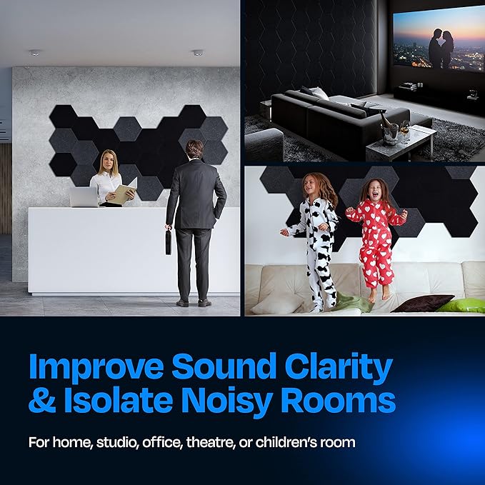 Acoustic Panels 12-Pack Soundproof Wall Panels 14"X12.1"X0.4" Sound Panels High Density Sound Dampening Panels - [Deep Black Hexagon]