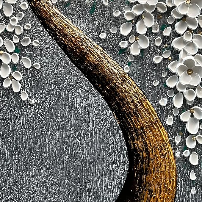 100% Hand-Painted 3D White Vertical Abstract Flower Tree Painting, Canvas Texture Mural, Living Room, Bedroom, Dining Room Mural 24x48 inchs