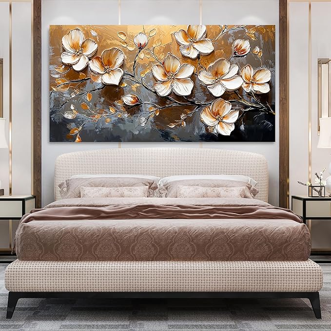 Canvas Wall Art Decor Large Wall Art Pictures for Living Room Canvas Art Wall Decor Large Artwork for Walls Vintage Floral Wall Art Decor White Gold Wall Art Prints for Home Office Wall Decor 29"X58"