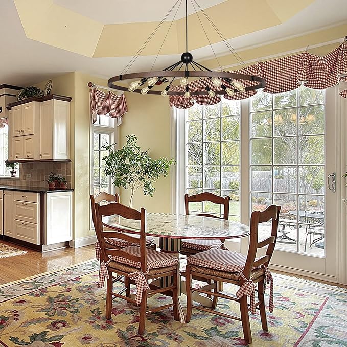 59'' Large Rustic Dining Room Light Fixture, 12-Light Farmhouse Wagon Wheel Chandelier, Industrial Round Chandeliers for Entryway Living Room, Vintage Rust and Black Finishe