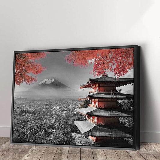 Japanese Temple in Autumn Black White Red Canvas Art Wall Art Home Decor (45in x 30in Modern Black Framed)