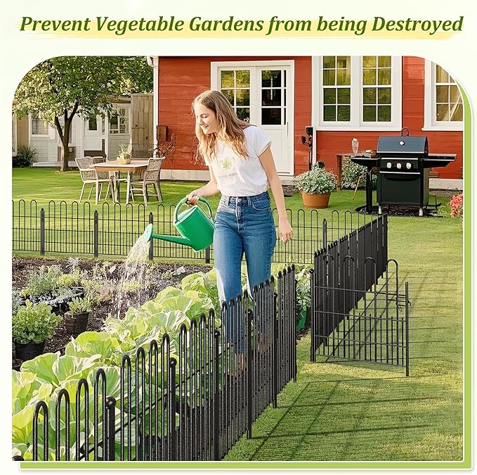 Bepatio Decorative Garden Fence Animal Barrier with Gate, 24in (H) x 20ft (L) 10 Panels Decorative Dog Fence Outdoor for Yard, Heavy Duty Rustproof Metal Fence Border, Flower Bed, Easy Setup, Black