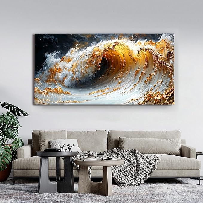 Canvas Wall Art Decor Large Wall Art for Living Room Large Artwork for Walls Gold Wave Wall Art Pictures Art Work for Wall Decor Modern Abstract Wall Art Prints Bedroom Office Decor 29" X 58"