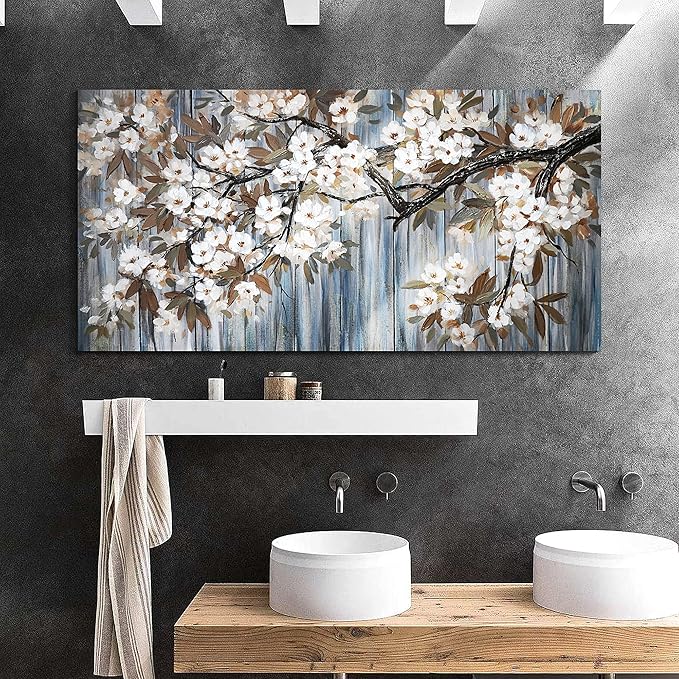 Large Canvas Wall Art for Living Room Wall Decor Abstract White Flower Tree with Gray Driftwood Picture Modern Framed Canvas Prints Artwork Ready to Hang for Bedroom Home Wall Decoration size 24x48