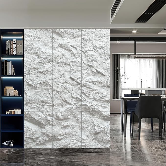 KASARO 3D Faux Stone Wall Panels, 4 PCS PU Wainscoting Panel for Interior Wall Decor, Cement Texture Thicker Accent for Home, Office, 43.3 × 23.6 inch, White