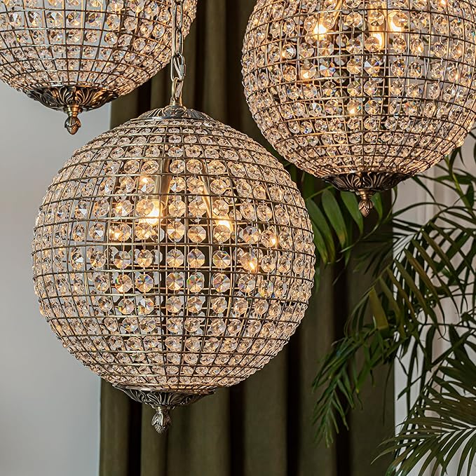 ALOADECOR 3-Light 16" Retro Antique Gold Crystal Globe Chandelier Sphere Cage-Style Shade Pendant Light for Kitchen Isl and Dining Room