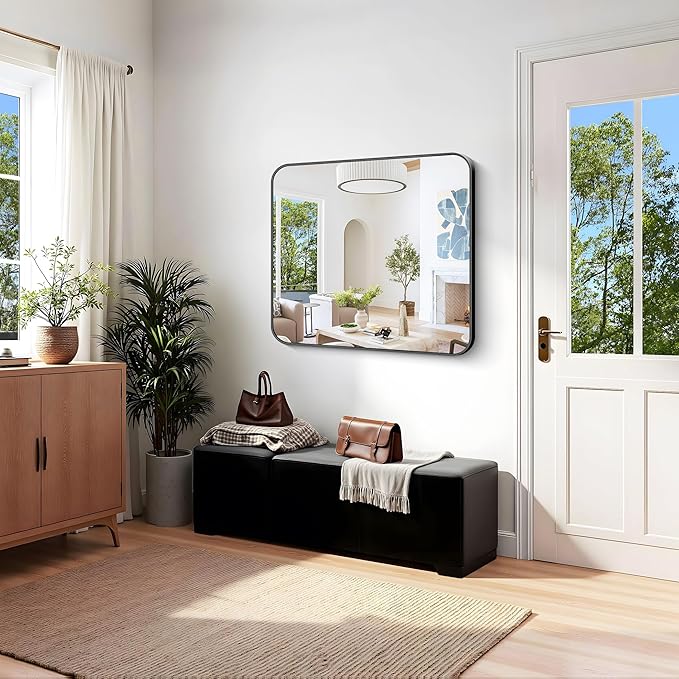 KOCUUY Bathroom Mirror 36"x40", Black Rectangle Mirrors for Wall, Large Metal Framed Vanity Mirror with Rounded Corner for Bedroom Living Room and Entryways Hangs Horizontal/Vertical