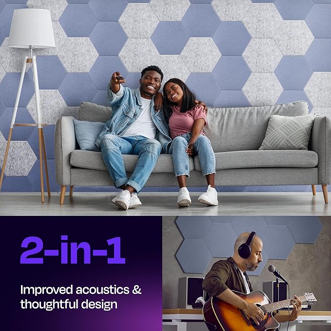 Acoustic Panels 12-Pack - 14"X12.1"X0.4" Soundproof Wall Panels - High Density Sound Dampening - Dusky Gray Hexagon