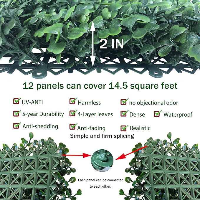 Artificial Grass Wall Panels Backdrop,13.15 X 13.15 in 12P (14.5 sqft) UV-Anti New Bottom Plate Greenery Boxwood Panels for Indoor Outdoor Green Wall Decor & Ivy Fence Covering Privacy