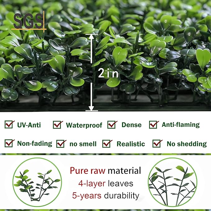 Bybeton Artificial Boxwood Panels,24"x 16" (12pc) 4-Layer Leaves UV-Anti Greenery Grass Wall Backdrop for Indoor Outdoor Privacy Protected and Garden, Balcony,Privacy Fence Screen Decor