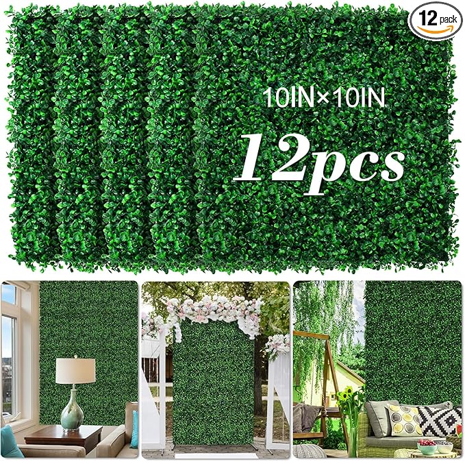 AOKIE 10"X10" Artificial Grass Wall, 12Pcs Boxwood Hedge Wall Panels UV-Anti Grass Backdrop Wall Decor, Greenery Privacy Hedge Screen for Indoor Outdoor Patio Balcony, Party Garden Fence (8.4 sq ft)