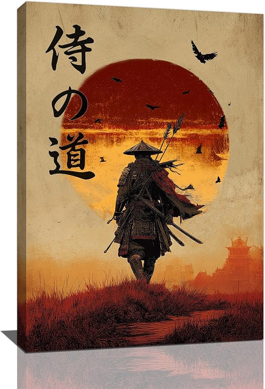 Japanese Samurai Wall Art Oriental Asian Bushido Wall Decor Warrior Figure Canvas Pictures Paintings Prints Japan Traditional Aesthetic Artwork Framed Decorations For Bedroom Living Room Office Gifts 16" x 24"