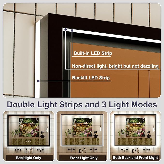 40x30 Inch Black LED Bathroom Mirror with Front and Back Lights, Adjustable 3000K/4500K/6000K, Wall-Mounted Framed Lighted Bathroom Vanity Mirrors, Anti-Fog, Dimmable, Horizontal/Vertical