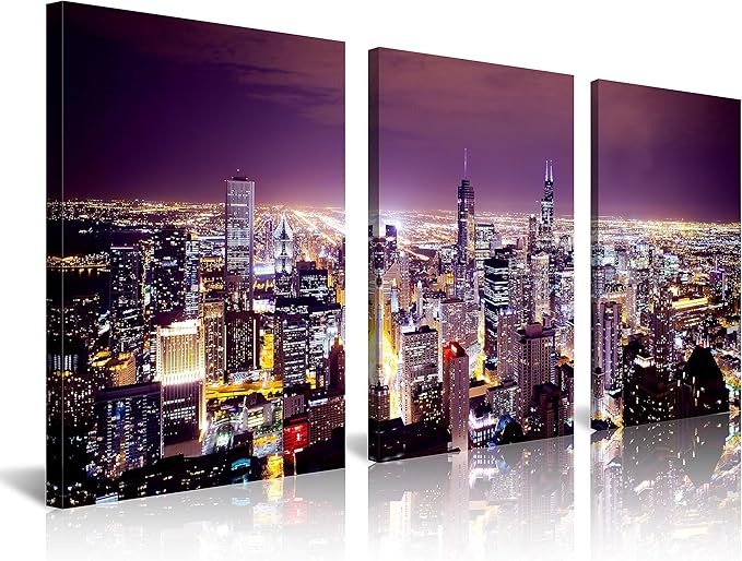 NAN Wind Large Modern City Chicago Skyline Pictures Cityscape Canvas Wall Art for Bedroom Downtown Poster Office Dining Room Wall Decor Wood Framed Night Scene Prints Paintings for Home Decorations
