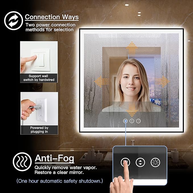 36x36 LED Vanity Mirror for Bathroom - Square Framed Dimmable Illuminated Mirror with Backlit and Front Light, Anti-Fog, Shatterproof, Memory, 3 Colors (Horizontal/Vertical)