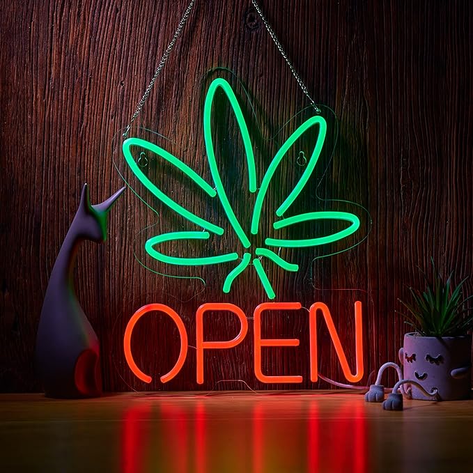 Marijuana Open Neon Sign for Wall Décor Hemp LED with Dimmable Switch Sign Man Cave Art Bars Beer Cannabis High Life Neon Signs Light