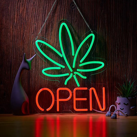 Marijuana Open Neon Sign for Wall Décor Hemp LED with Dimmable Switch Sign Man Cave Art Bars Beer Cannabis High Life Neon Signs Light