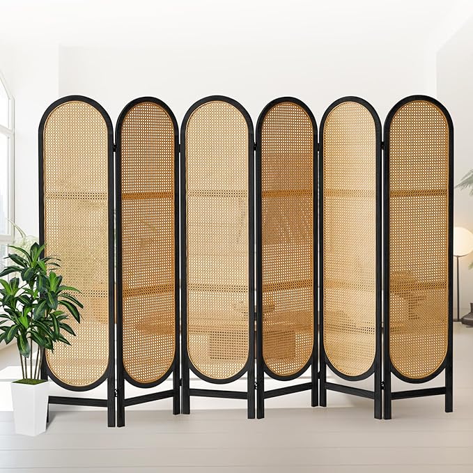 6 Panels Room Divider, Foldable Wooden Room Divider, Individual Privacy Screen Made of Hand-Woven Rattan, Portable Wall Divider for Home Office Bedroom Bathroom Dressing Room (Black Natural)