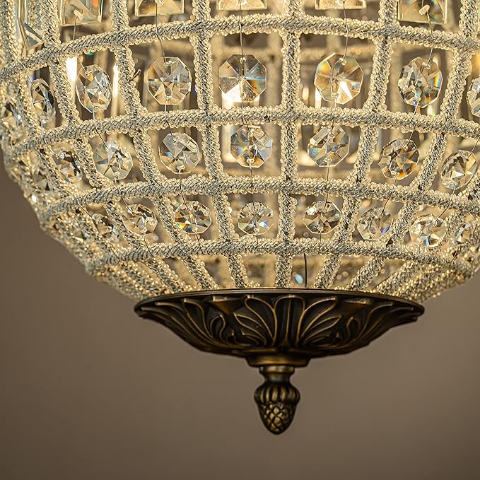 ALOADECOR 1-Light 12" Vintage and Glam Antique Gold Globe Clear Crystal Chandelier Ornate Sphere Pendant Light Retro Cage-Style Shade Chandeliers with Clear Glass Bead for Kitchen Island