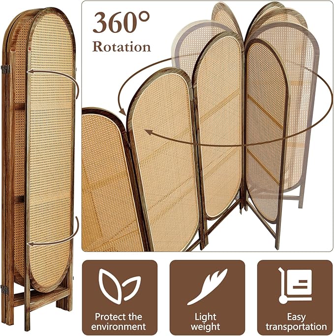 ALeesinwing 6 Panels Room Dividers, Hand-Woven Rattan Room Divider Panel and Folding Privacy Screens, Wood Room Divider Wall Freestanding Room Partitions Screen for Home Office Bedroom, Dark Brown