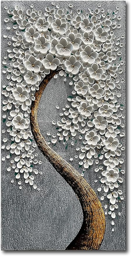 100% Hand-Painted 3D White Vertical Abstract Flower Tree Painting, Canvas Texture Mural, Living Room, Bedroom, Dining Room Mural 24x48 inchs