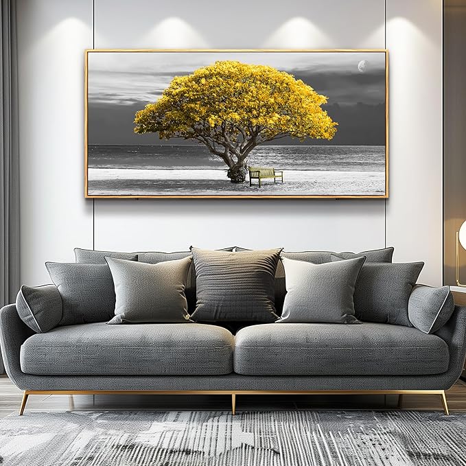 MHARTK66 Wood Framed Wall Decor For Living Room Large Canvas Wall Art For Office Bedroom Decoration Art Black And White Scenery Wall Painting Yellow Trees View Picture Hotel Room Home Artwork