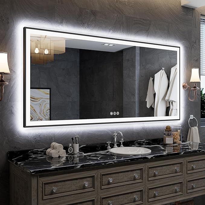 LED Bathroom Mirror 60x28 with Backlit and Front Lighted, Framed Dimmable Illuminated Mirror for Wall Anti-Fog Shatterproof (Horizontal/Vertical)