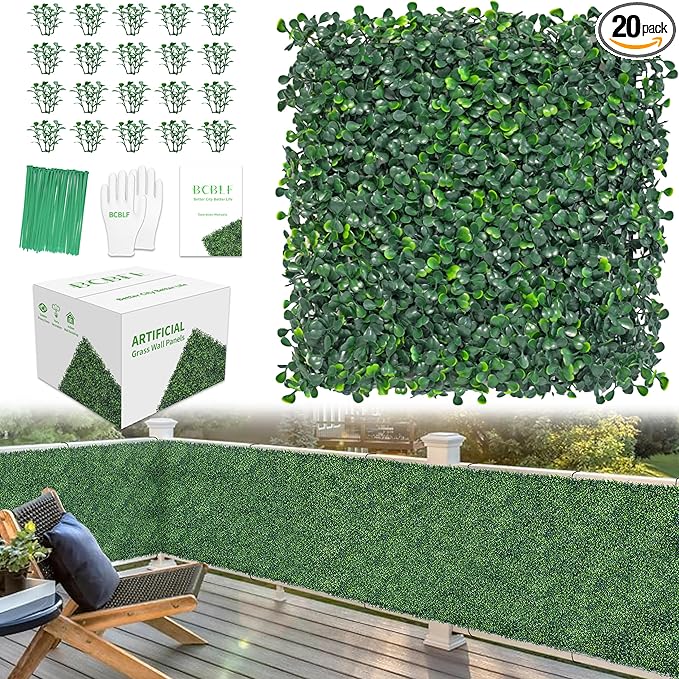 10x10Inch 20Pcs Grass Wall Panels, 4 Layers UV-Anti Boxwood Greenery Hedge with 50 Zip Ties, No Odor Artificial Fake Grass Backdrop Indoor Outdoor Privacy, Birthday Wedding Decor, 14 SQ FT