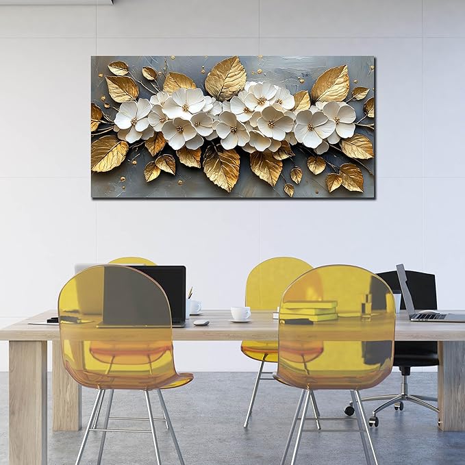 CANEITO Flower Wall Art for Living Room, White Plum Blossom and Golden Leaves Wall-Decor for Bedroom, Natural Canvas Prints Pictures for Hallway Office, Large Size 59x29 Inches